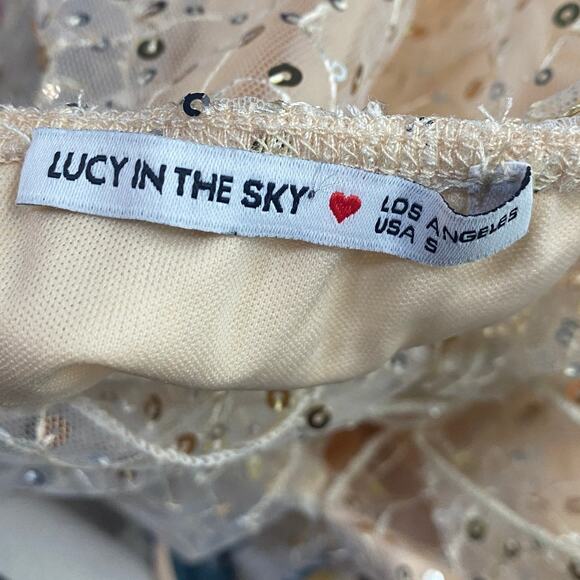 Lucy in the Sky Sequin Baby Doll Mini Dress Open Tie Bow Back Beige Womens Small - Picture 7 of 9